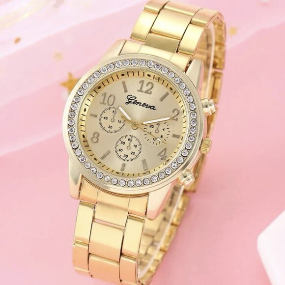 Stainless Steel Yellow Watch Geneva Quartz Round Face Rhinestone Women NWT - Picture 2 of 4